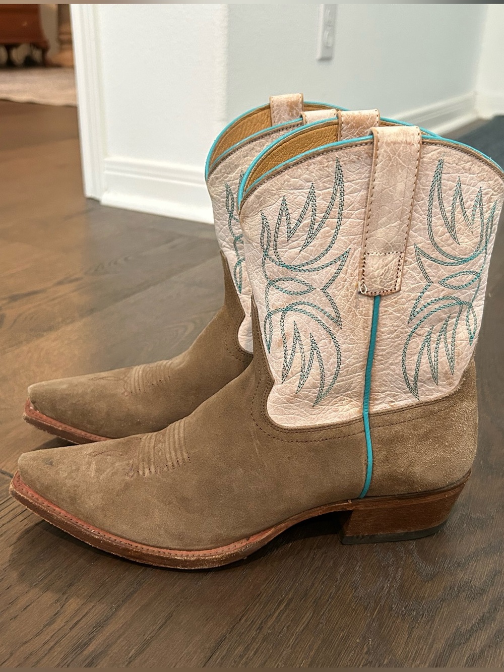 Macie Bean Boots Women's Taupe Suede Western Cowboy Boots with Embroidered Shaft
